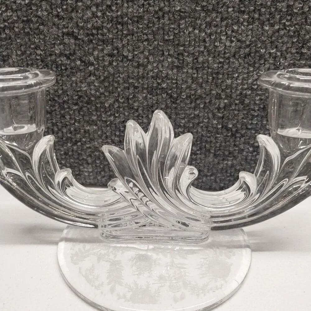 Vintage Clear Glass Double Votive Candle Holder Floral Etched Base Candelabra